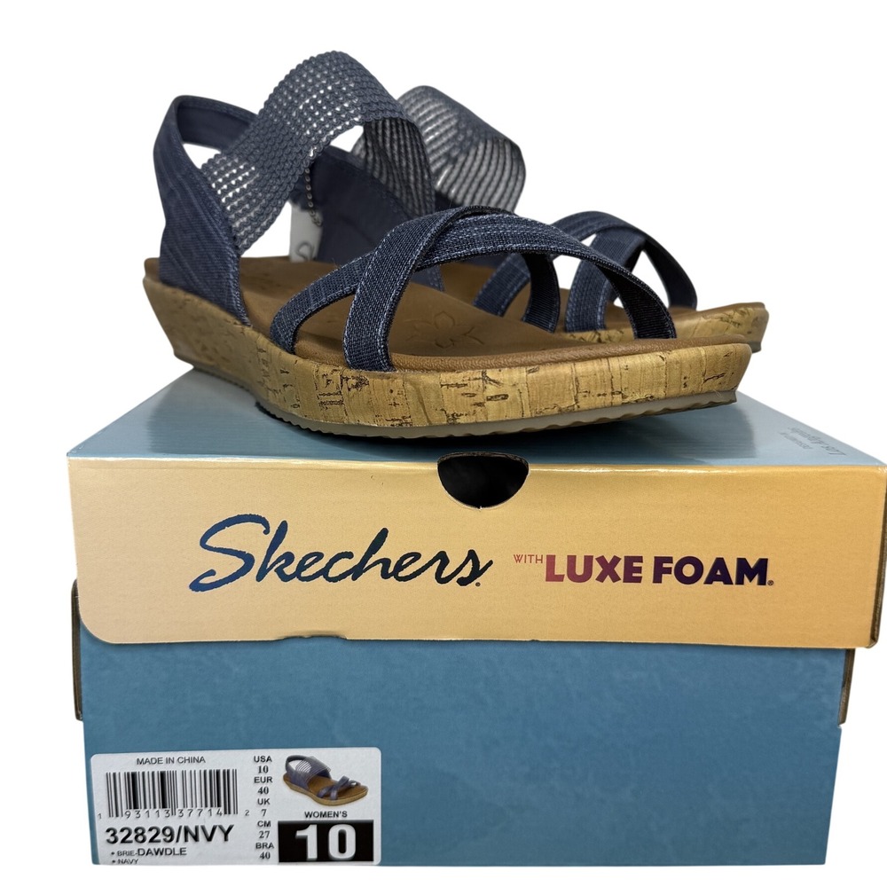 Skechers Brie Dawdle Sandals Womens 10 Navy Textile Wedge Stretch Strappy Luxe - Picture 7 of 11